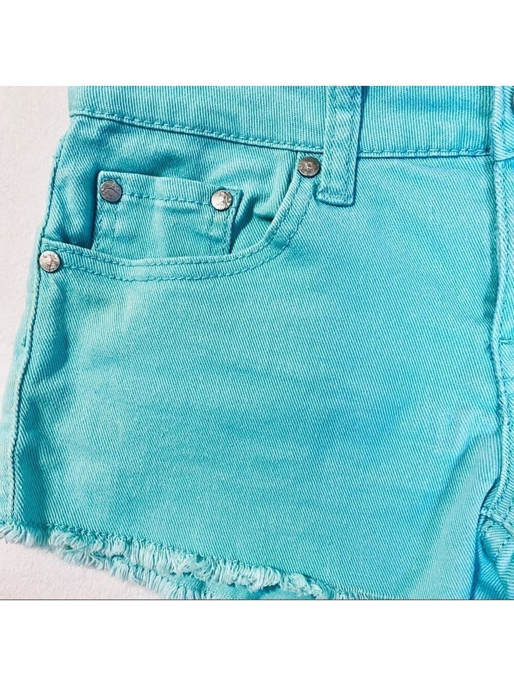 Teal Low Rise Cut Off Denim Shorts Size 2 - Picture 8 of 13
